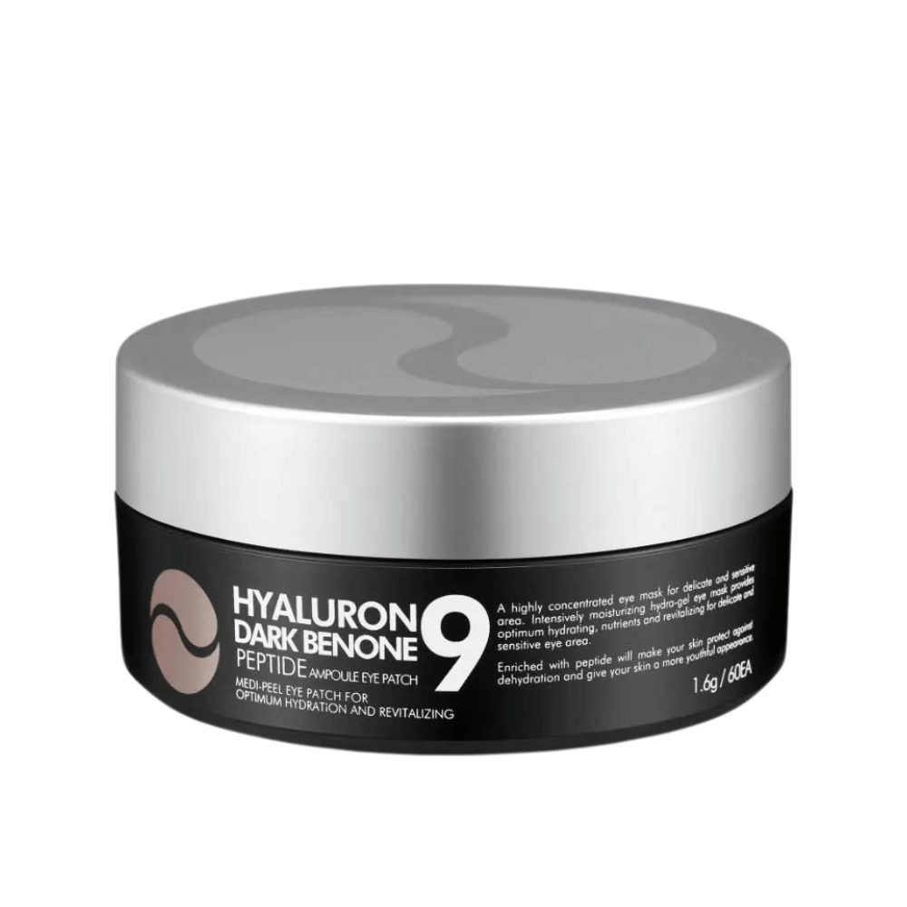 Hyaluron Dark Benone Peptide 9 Ampoule Eye Patch – koreanische Augenmaske im Behälter mit Peptiden und Hyaluronsäure für die intensive Pflege von trockener und müder Haut um die Augen.