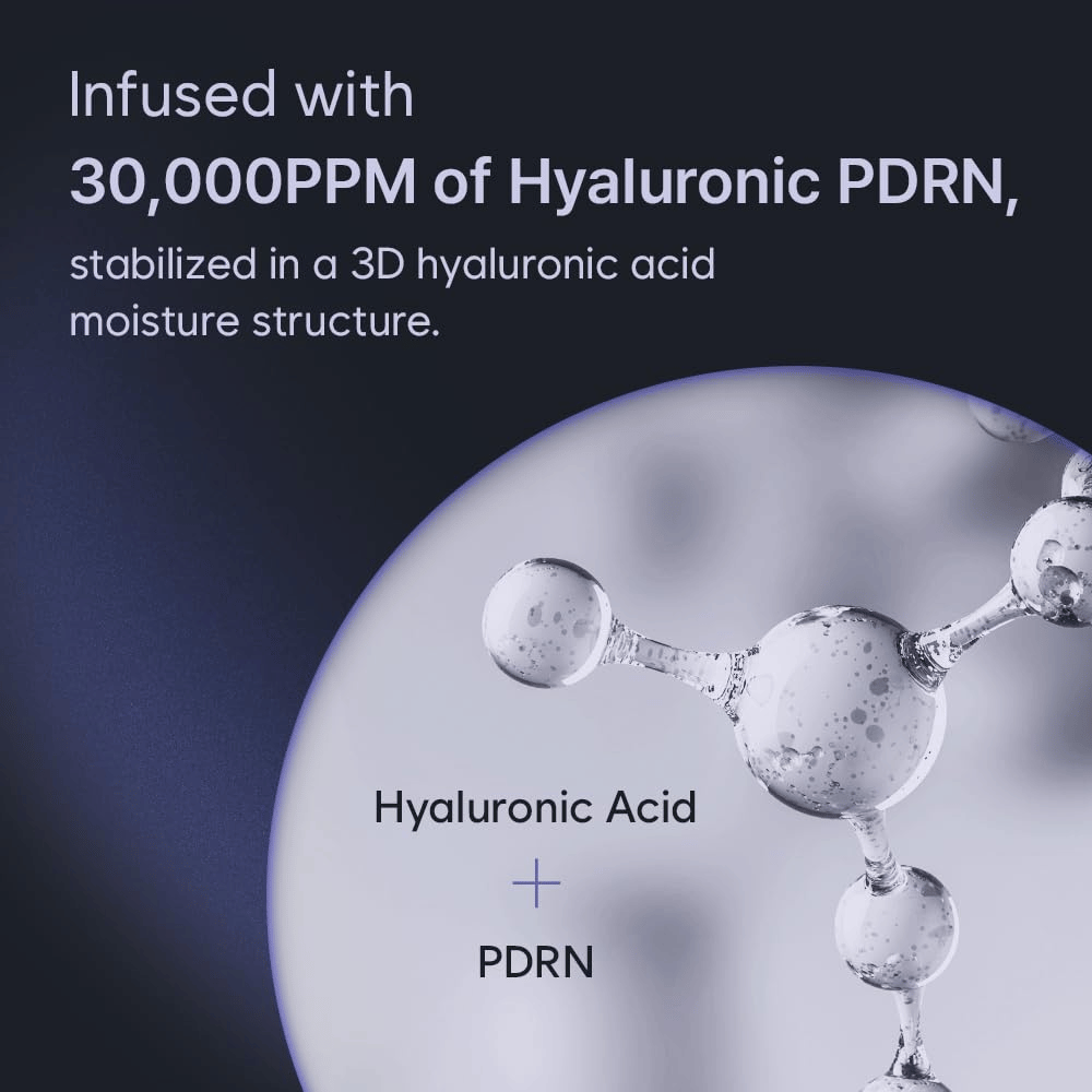 Grafische Illustration von Hyaluronsäure und PDRN in einer dreidimensionalen Feuchtigkeitsstruktur. Das Bild hebt die hohe Konzentration von Hyaluronic PDRN des Produkts und seine feuchtigkeitsspendende Technologie hervor.