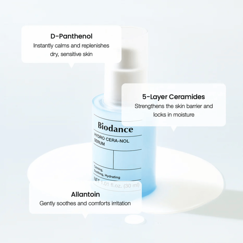 D-Panthenol – Beruhigt und spendet Feuchtigkeit für empfindliche Haut.
5-Schichten-Ceramide – Stärkt die Hautbarriere und schließt Feuchtigkeit ein.
Allantoin – Weicht auf und lindert Reizungen.