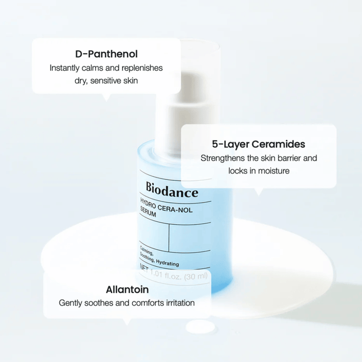 D-Panthenol – Beruhigt und spendet Feuchtigkeit für empfindliche Haut.
5-Schichten-Ceramide – Stärkt die Hautbarriere und schließt Feuchtigkeit ein.
Allantoin – Weicht auf und lindert Reizungen.