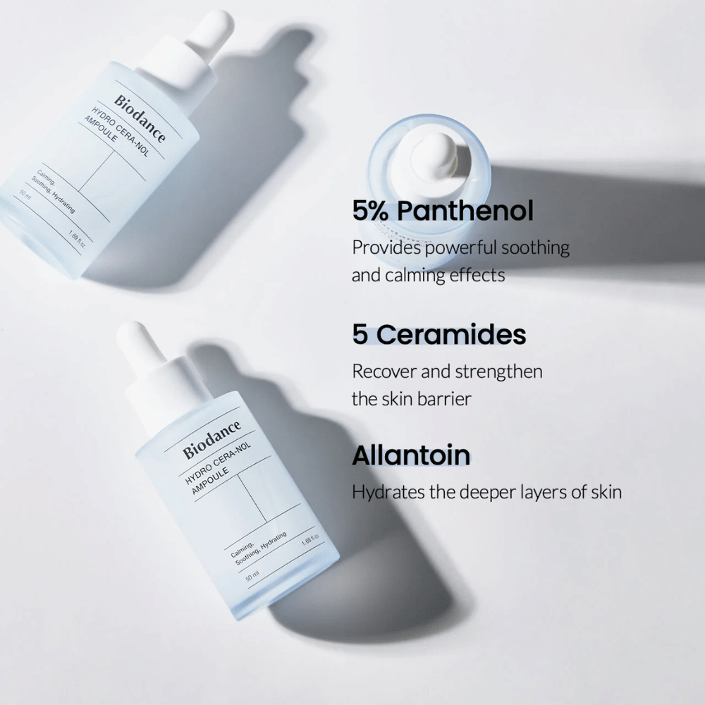 Biodance Hydro Cera-Nol Ampoule – Intensive Feuchtigkeitsversorgung und Hautbarrierestärkung.

💙 5% Panthenol – Beruhigt und reduziert Hautirritationen.
🛡️ 5 Ceramide – Stellt die Schutzbarriere der Haut wieder her und stärkt sie.
💧 Allantoin – Tief feuchtigkeitsspendend für eine weichere Haut.

Perfekt für empfindliche und trockene Haut, die zusätzliche Pflege benötigt!