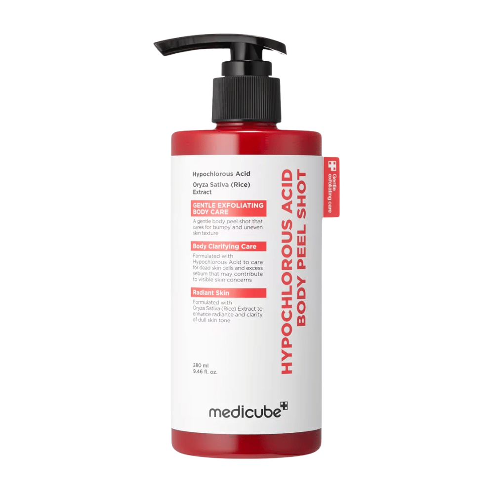 Freigestelltes Produktbild von Medicube Hypochlorous Acid Body Peel Shot in roter Pumpflasche für exfolierende Körperpflege und zur Feuchtigkeitsversorgung rauer Haut.