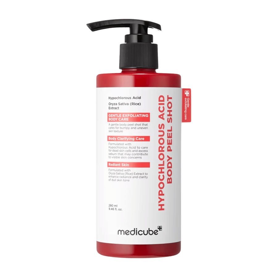 Freigestelltes Produktbild von Medicube Hypochlorous Acid Body Peel Shot in roter Pumpflasche für exfolierende Körperpflege und zur Feuchtigkeitsversorgung rauer Haut.