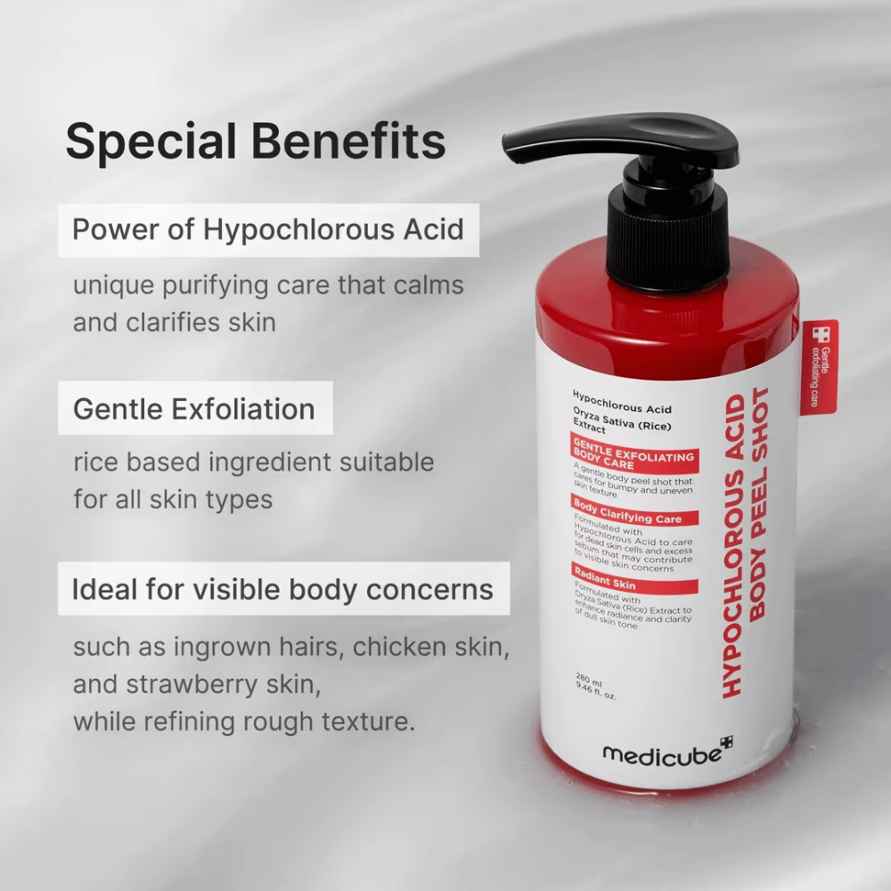 Informationsbild für Medicube Hypochlorous Acid Body Peel Shot mit Fokus auf Hypochlorsäure, sanfte Exfoliation und Pflege für raue und ungleichmäßige Körperhaut.
