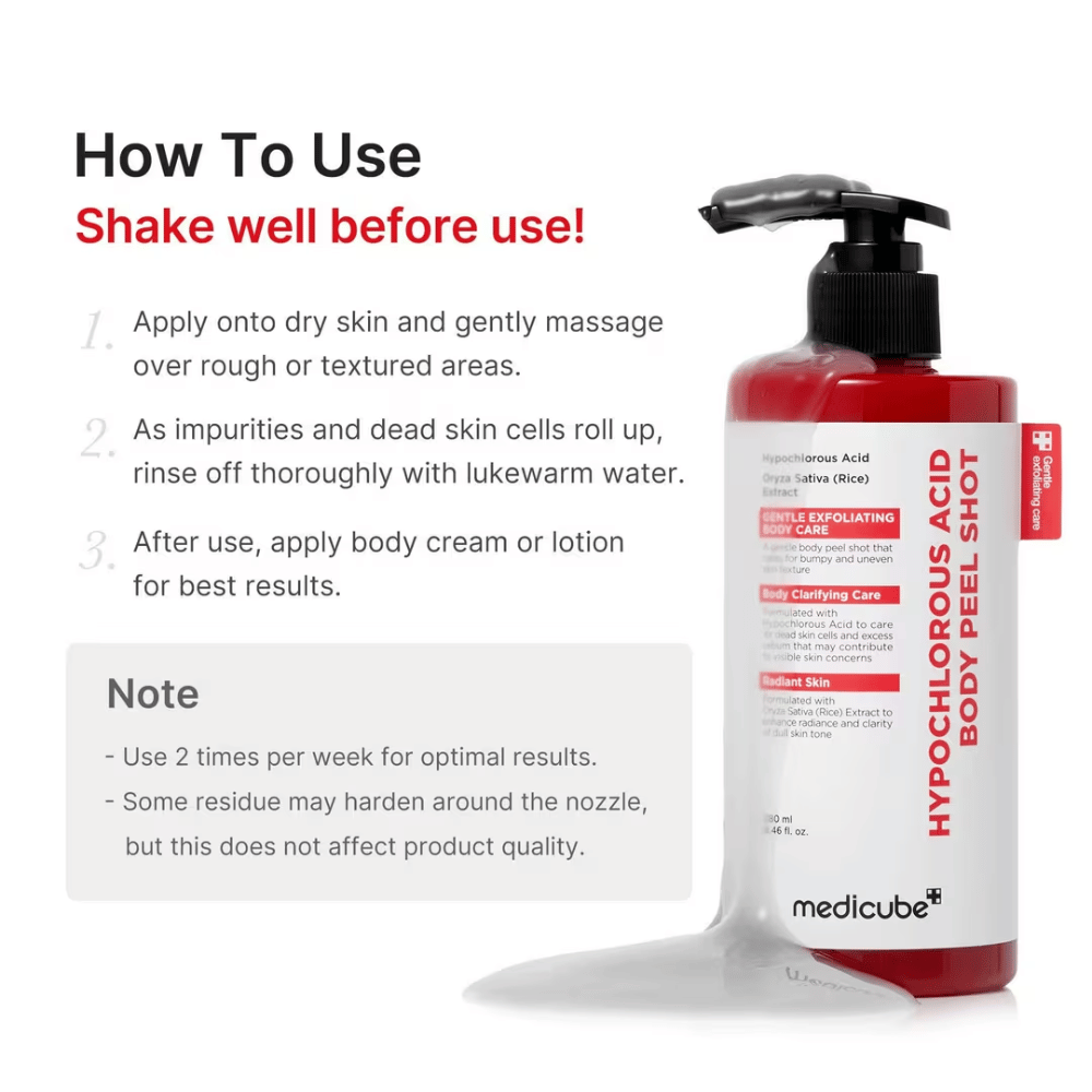 Anleitungsbild für Medicube Hypochlorous Acid Body Peel Shot, das Schritt für Schritt zeigt, wie das Körperpeeling für Exfoliation und weichere Haut verwendet wird.