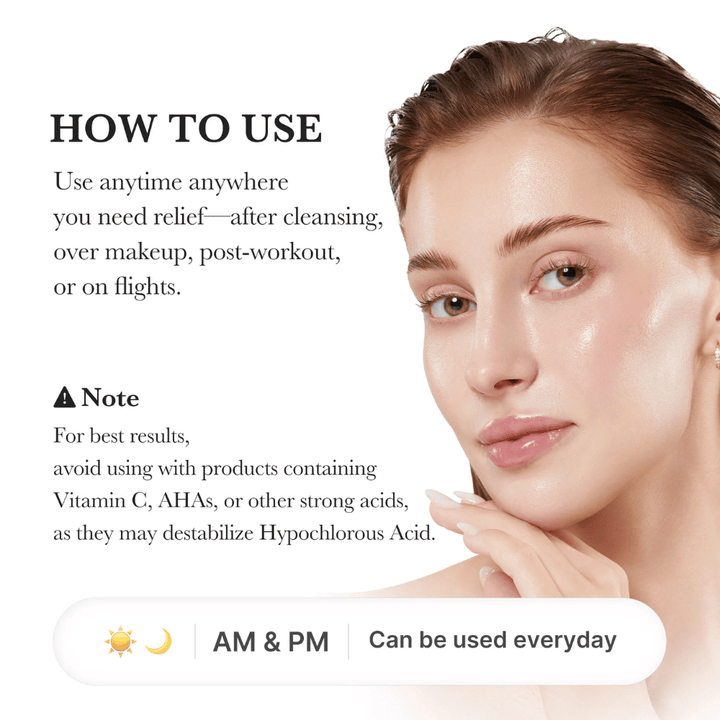 Anwendungsleitfaden, der ein Model mit mit Feuchtigkeit versorgter und strahlender Haut zeigt. Das Bild erklärt, dass das Spray nach der Reinigung, über dem Make-up, nach dem Training oder auf Reisen verwendet werden kann. Es enthält auch Informationen darüber, die Anwendung zusammen mit starken Säuren wie AHA und Vitamin C zu vermeiden.