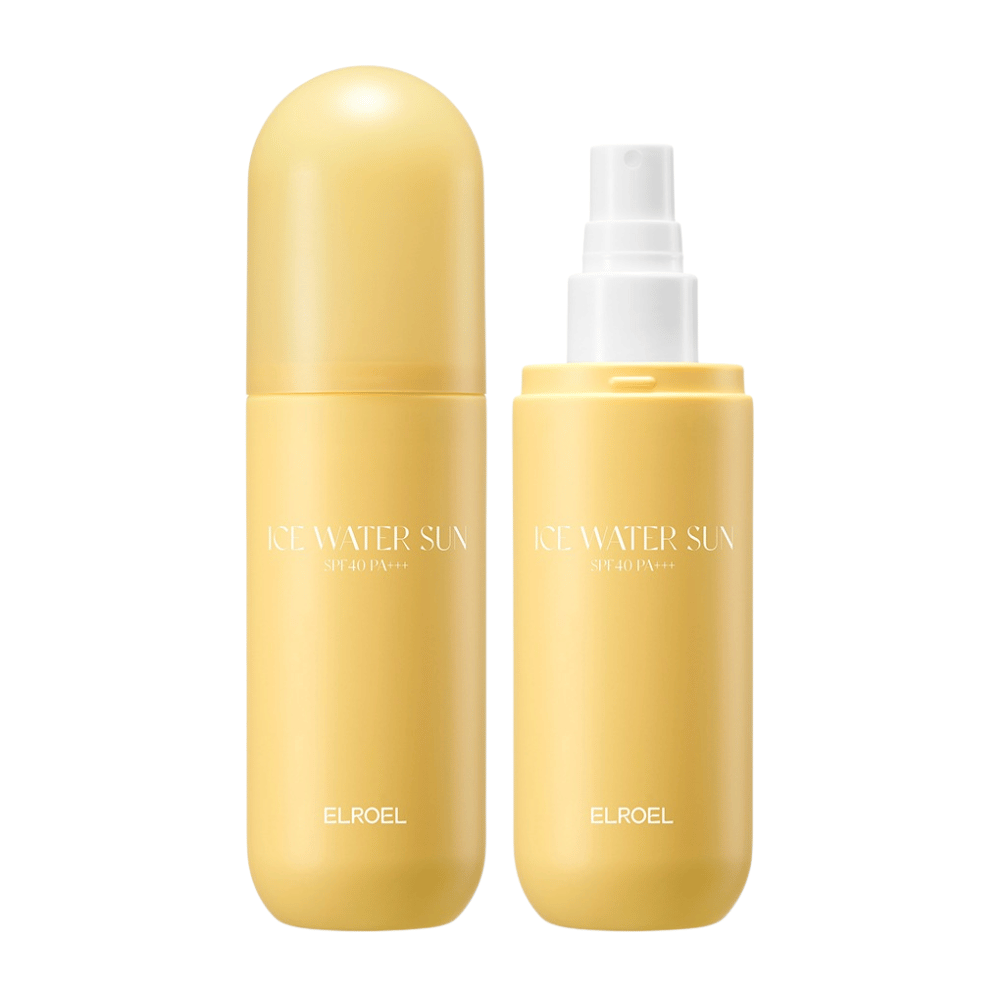 ELROEL Ice Water Sun Mist SPF 40 PA+++ Produktbild mit geschlossener und geöffneter Flasche, die ein praktisches Design für das einfache Auftragen von Sonnenschutz in Sprayform zeigt