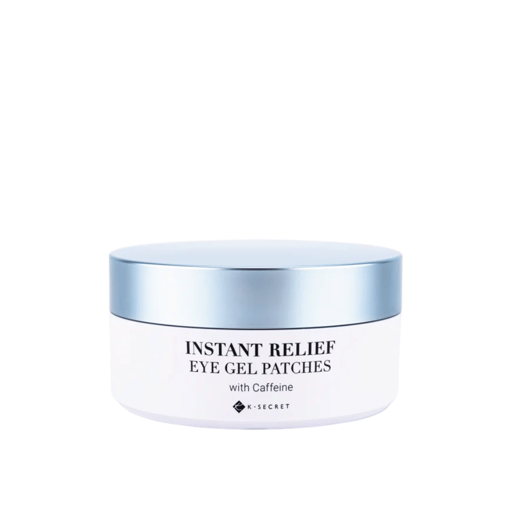 Dose mit K-Secret Instant Relief Eye Gel Patches mit Koffein und blauem Deckel.