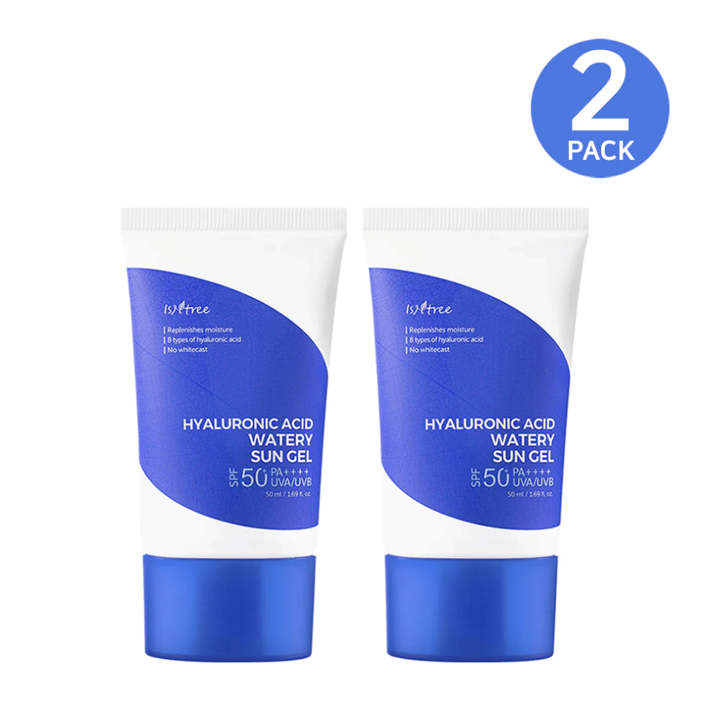 Zwei Tuben Isntree Hyaluronic Acid Watery Sun Gel Set mit SPF 50+ Sonnenschutzset.
