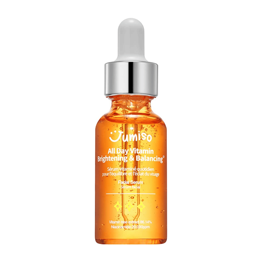 Bild von JUMISO - All Day Vitamin Brightening & Balancing Facial Serum 30ml mit einem einfachen Hintergrund. Dieses Produkt ist ein Gesichtsserum, das hilft, der Haut Glanz und Balance zu verleihen.