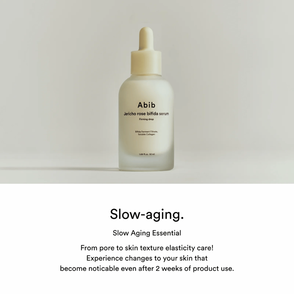 Minimalistisches Produktbild von Abib Jericho Rose Bifida Serum Firming Drop mit Fokus auf Slow Aging und Hautelastizität.