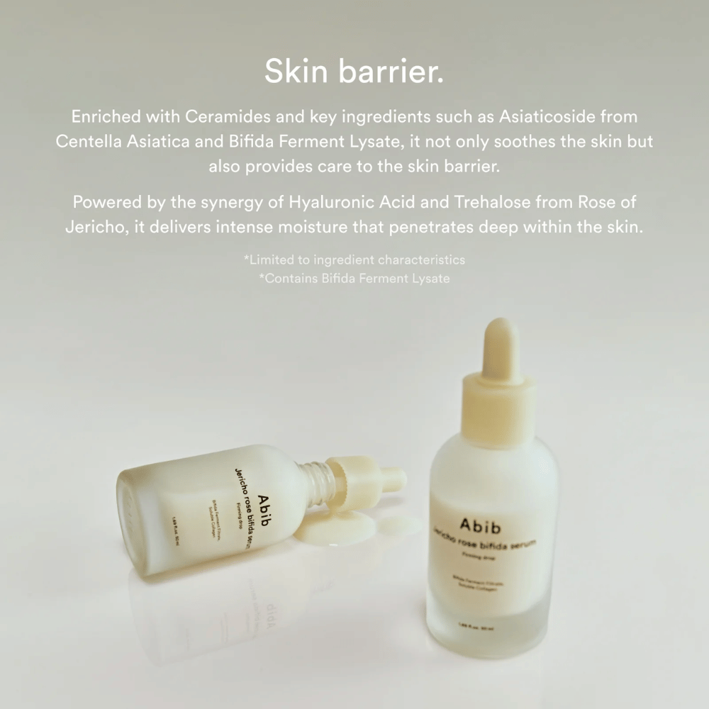 Produktbild von Abib Jericho Rose Bifida Serum zusammen mit Informationen zu Hautbarriere, Ceramiden und intensiver Feuchtigkeitsversorgung.