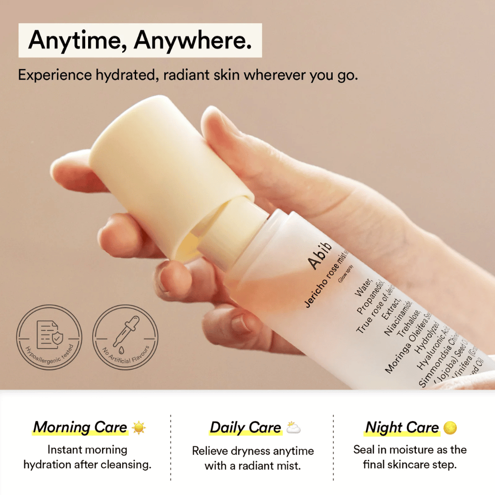 Abib Jericho Rose Mist Serum wird tagsüber für hydratisierte Haut verwendet. Perfekt für Morgen-, Tages- und Abendpflege.