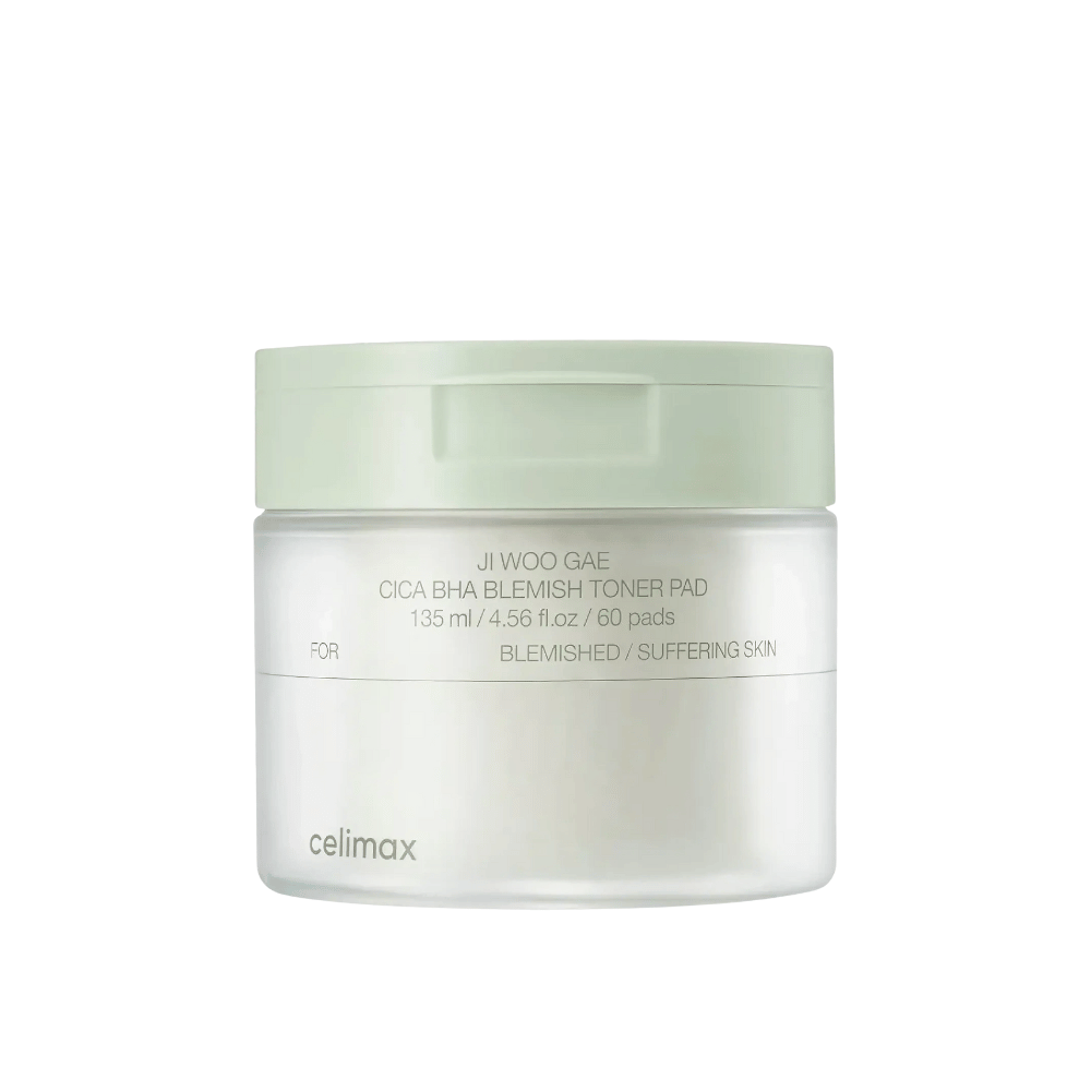 Produktbild von Celimax Ji Woo Gae Cica BHA Blemish Toner Pad 135 ml mit 60 Pads für empfindliche und zu Akne neigende Haut.