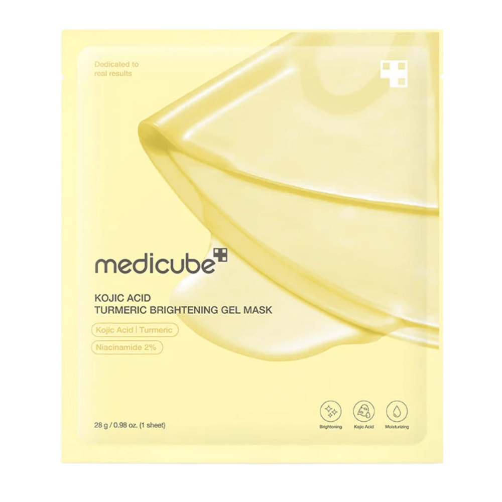 Medicube Kojic Acid Turmeric Brightening Gel Mask – gelbe Verpackung mit Bild der Gelmaske und klaren Zutatenmarkierungen.