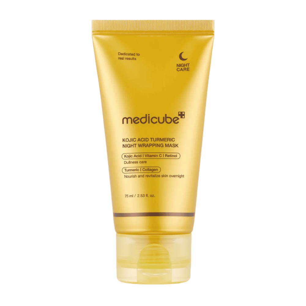Medicube Kojic Acid Turmeric Night Wrapping Mask 75 ml in goldfarbener Verpackung mit Kojisäure, Kurkuma, Vitamin C und Kollagen für nächtliche Glanzpflege.