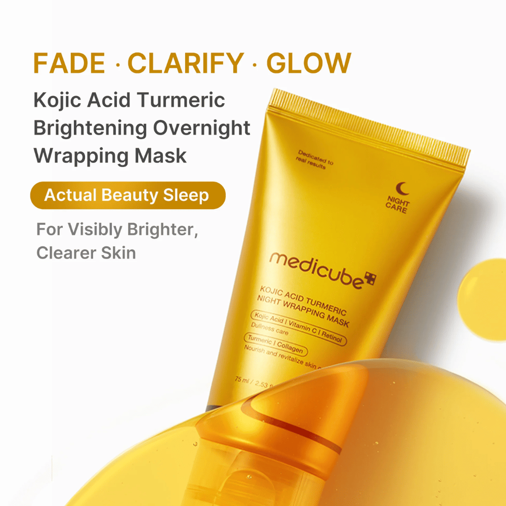 Medicube Kojic Acid Turmeric Night Wrapping Mask in goldfarbener Tube für die nächtliche Hautpflege, die zu klarerer, ebenmäßigerer und strahlenderer Haut beiträgt.