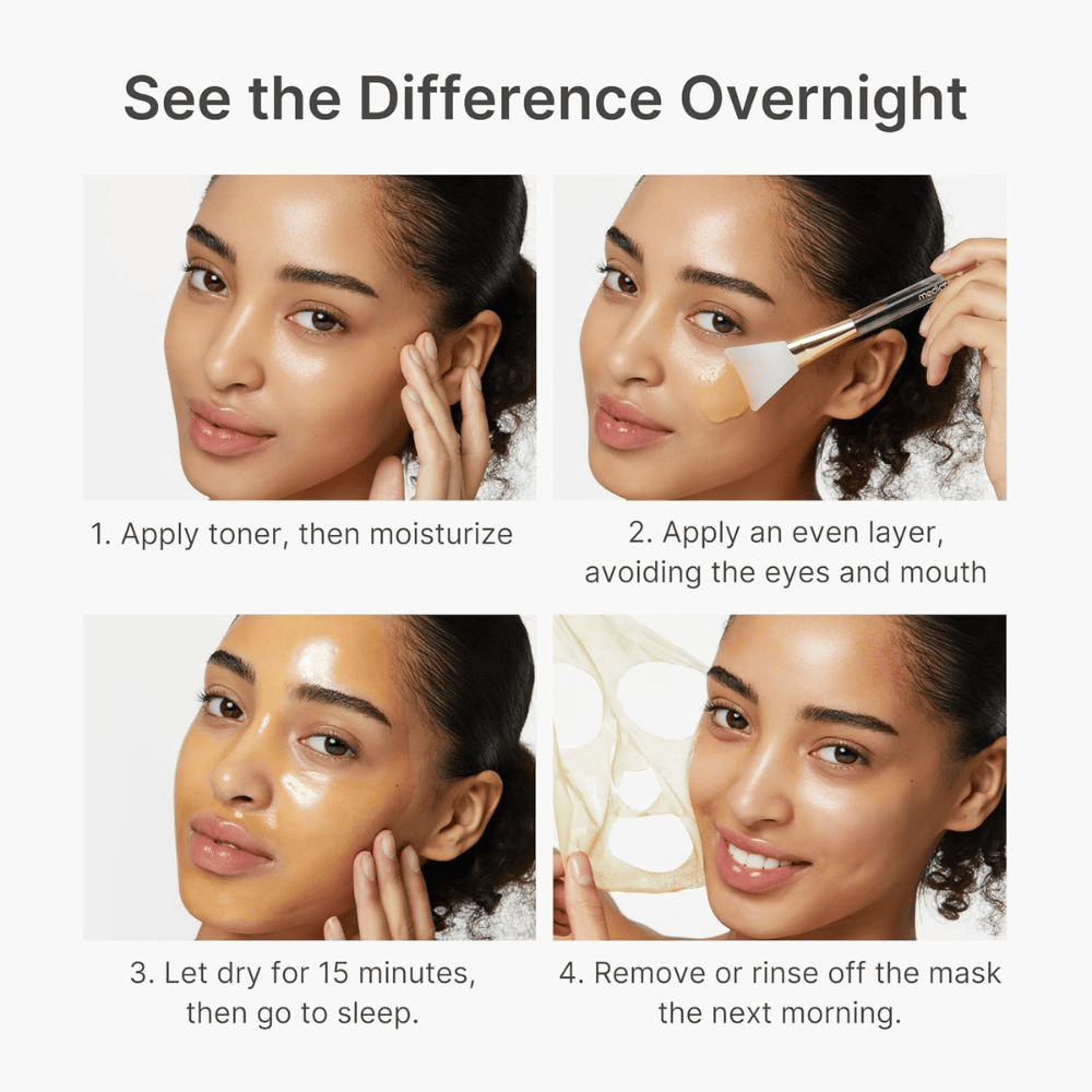 Medicube Kojic Acid Turmeric Night Wrapping Mask wird als Nachtmaske in vier Schritten angewendet für klarere, ebenmäßigere und strahlendere Haut über Nacht.