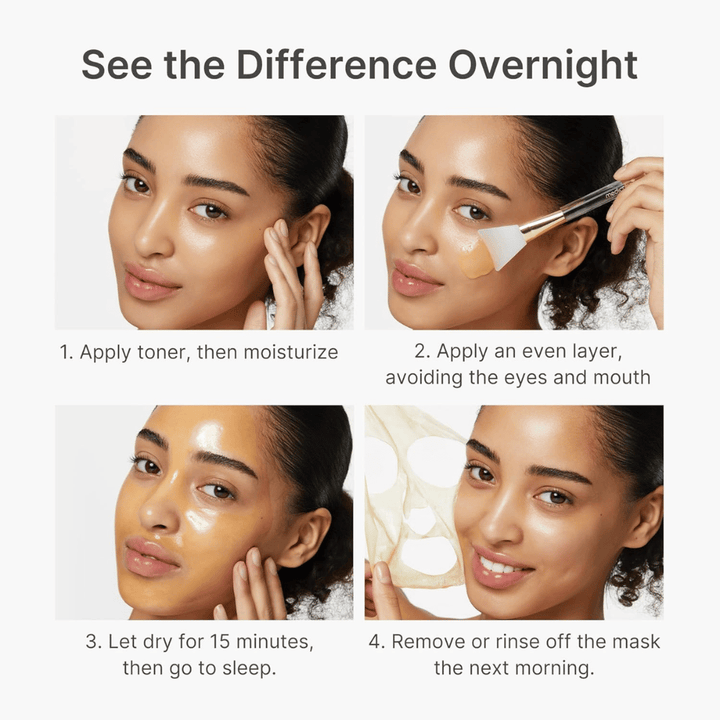 Medicube Kojic Acid Turmeric Night Wrapping Mask wird als Nachtmaske in vier Schritten angewendet für klarere, ebenmäßigere und strahlendere Haut über Nacht.