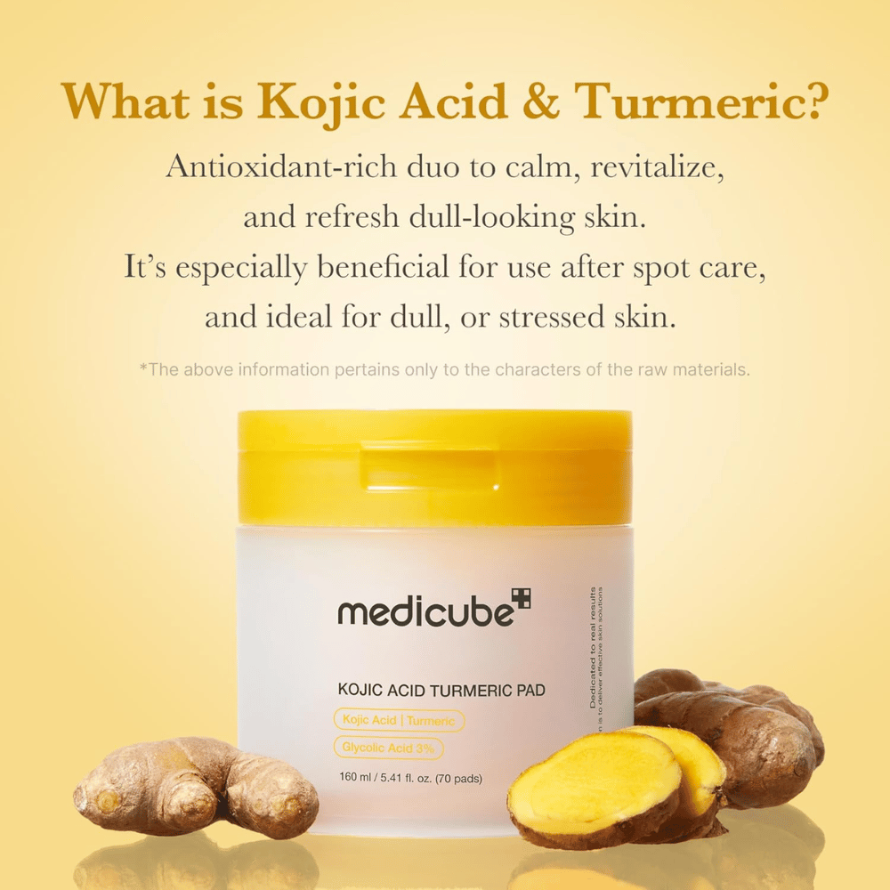 Informationsbild für Medicube Kojic Acid Turmeric Pad mit Fokus auf Kojisäure und Kurkuma als antioxidantienreiche Inhaltsstoffe für Ausstrahlung, beruhigende Wirkung und erfrischte Haut.