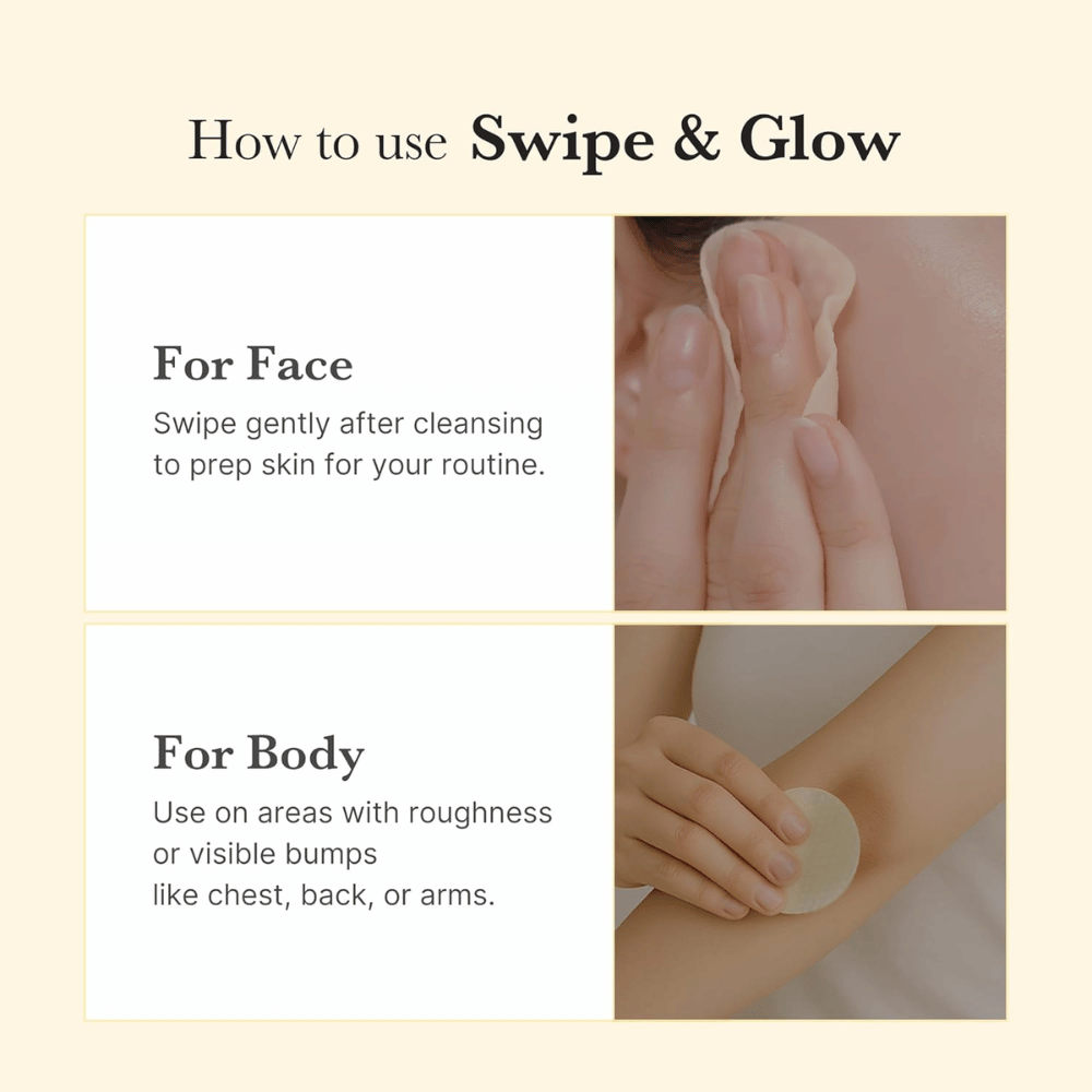 Anwendungsbild für Medicube Kojic Acid Turmeric Pad, das zeigt, wie die Pads sowohl im Gesicht als auch am Körper verwendet werden, um die Haut zu exfolieren und nach der Reinigung vorzubereiten.