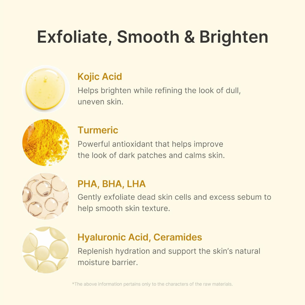 Medicube Kojic Acid Turmeric Peel Shot mit Kojisäure, Kurkuma, PHA, BHA, LHA, Hyaluronsäure und Ceramiden.
