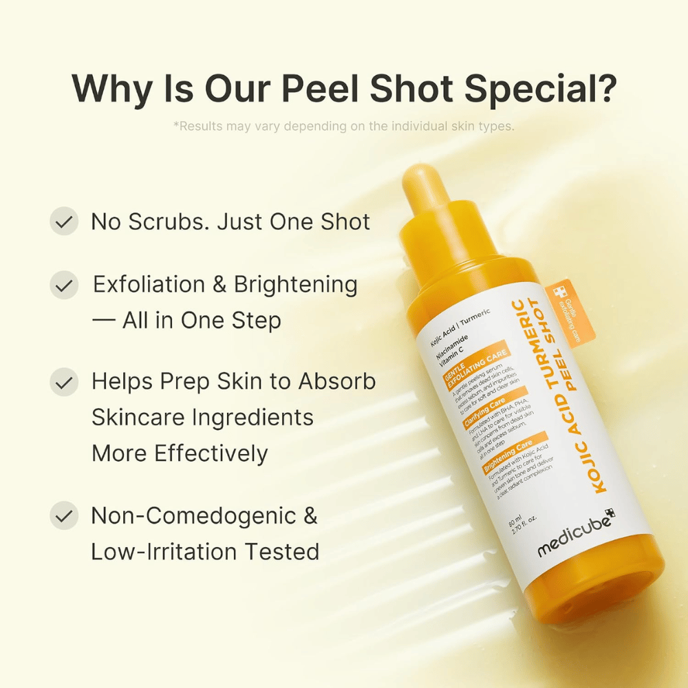 Medicube Kojic Acid Turmeric Peel Shot – exfolierendes Peeling mit Kojisäure und Kurkuma für einen ebenmäßigeren Hautton, Ausstrahlung und glattere Haut.