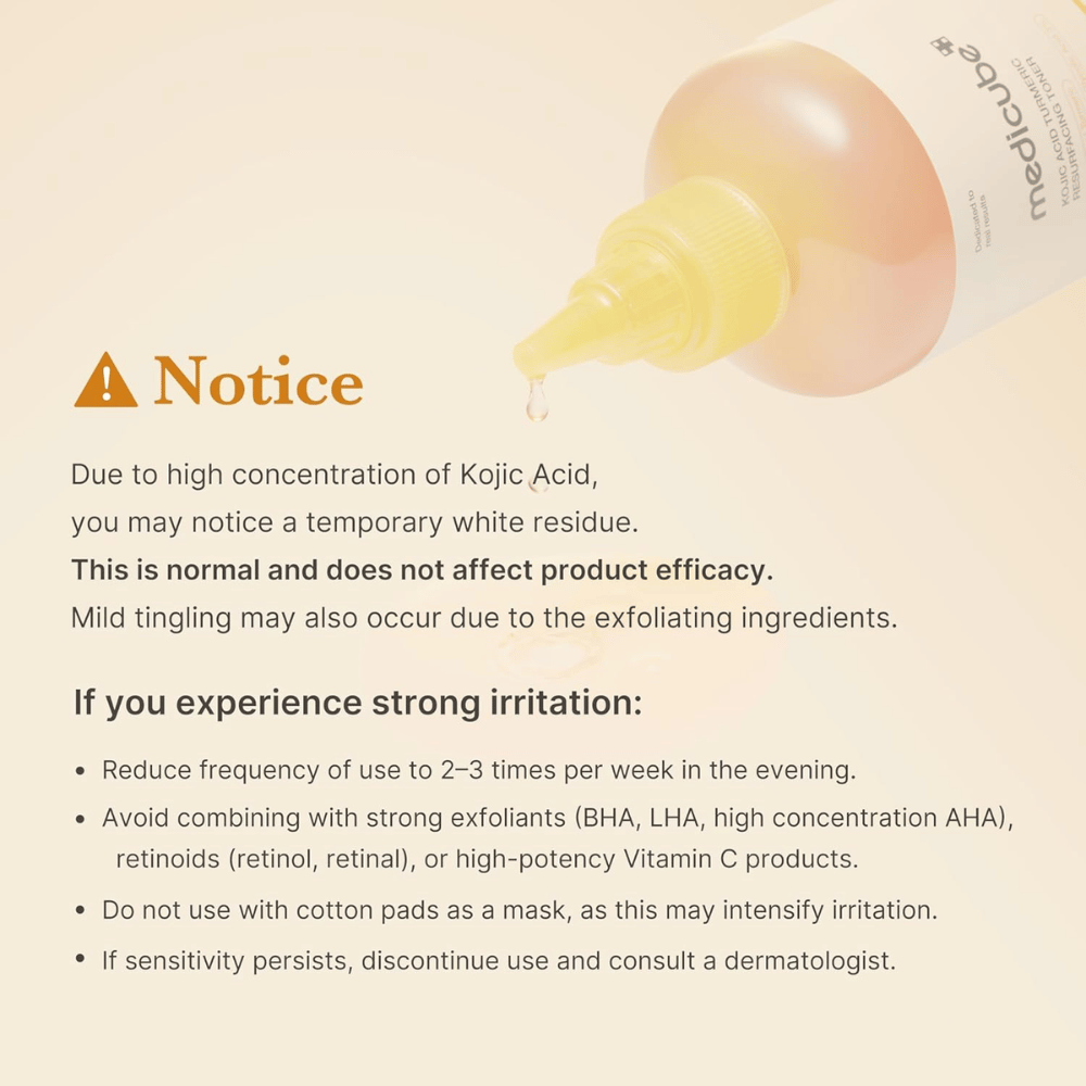Informationsbild für Medicube Kojic Acid Turmeric Resurfacing Toner mit wichtigen Anwendungshinweisen zu Kojisäure, Exfoliation und dazu, wie Reizungen bei empfindlicher Haut reduziert werden können.