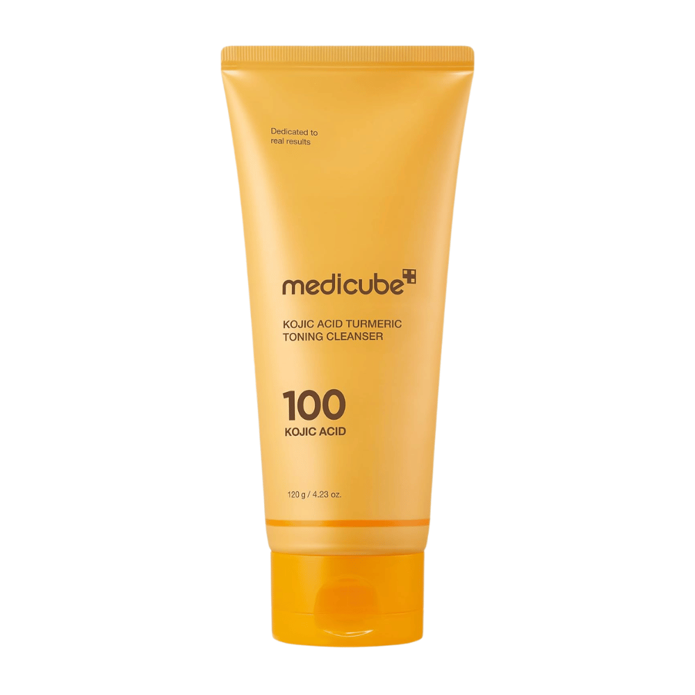 Medicube Kojic Acid Turmeric Toning Cleanser 120 g, Gesichtsreiniger mit Kojisäure und Kurkuma in einer gelben Tube vor weißem Hintergrund.
