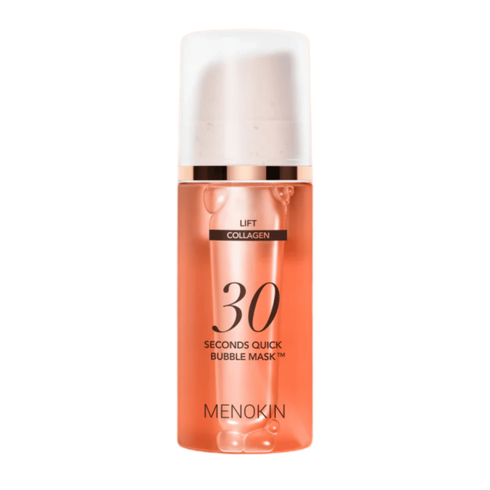 Freigestelltes Produktbild von MENOKIN LIFT 30 Seconds Quick Bubble Mask, das das stilvolle orangefarbene Design und die Pumpverpackung deutlich zeigt.