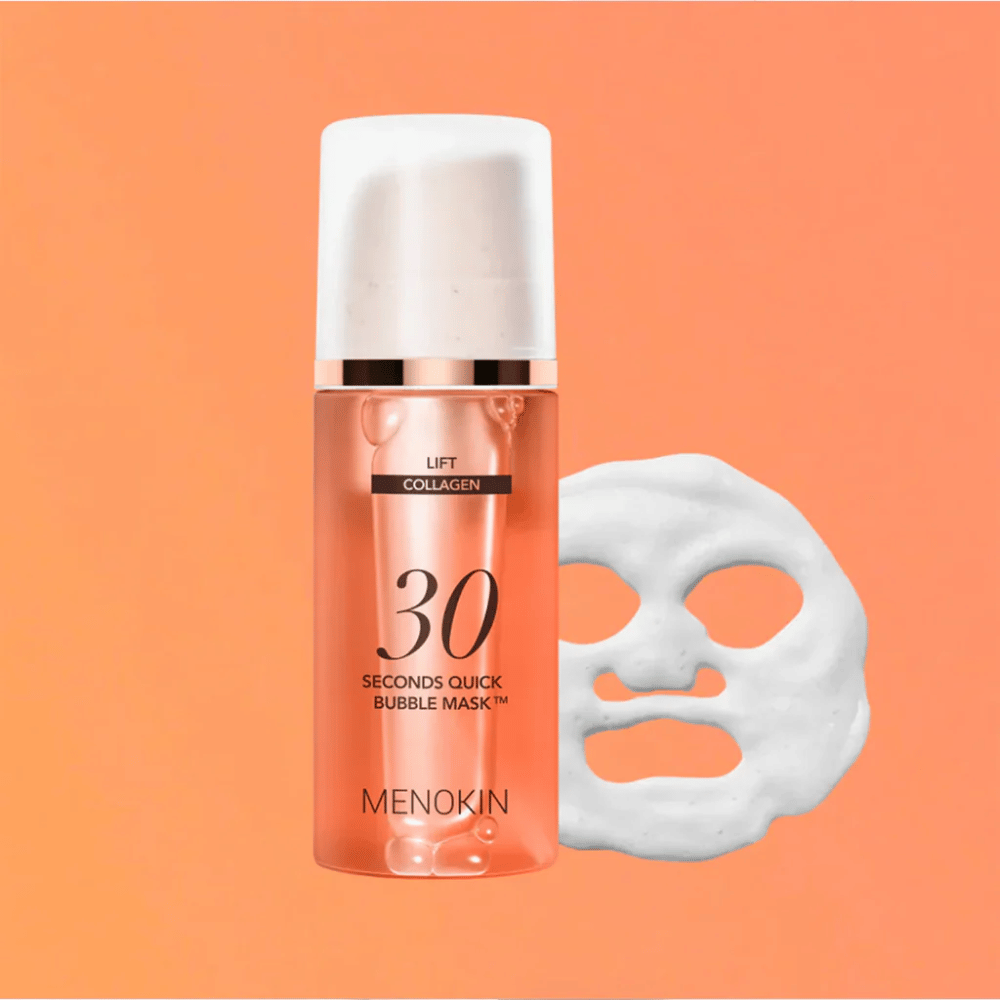 Produktbild von MENOKIN LIFT 30 Seconds Quick Bubble Mask mit orangefarbenem Hintergrund und Schaum-Maskenform, die eine schnelle und effektive Gesichtsmaske in nur 30 Sekunden symbolisiert.