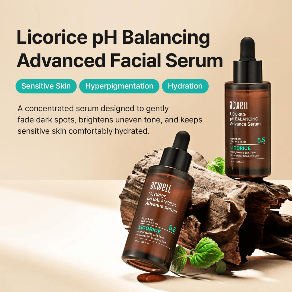 Marketingbild für Acwell Licorice pH Balancing Advance Serum mit Fokus auf empfindliche Haut, Hyperpigmentierung und Feuchtigkeitsversorgung.