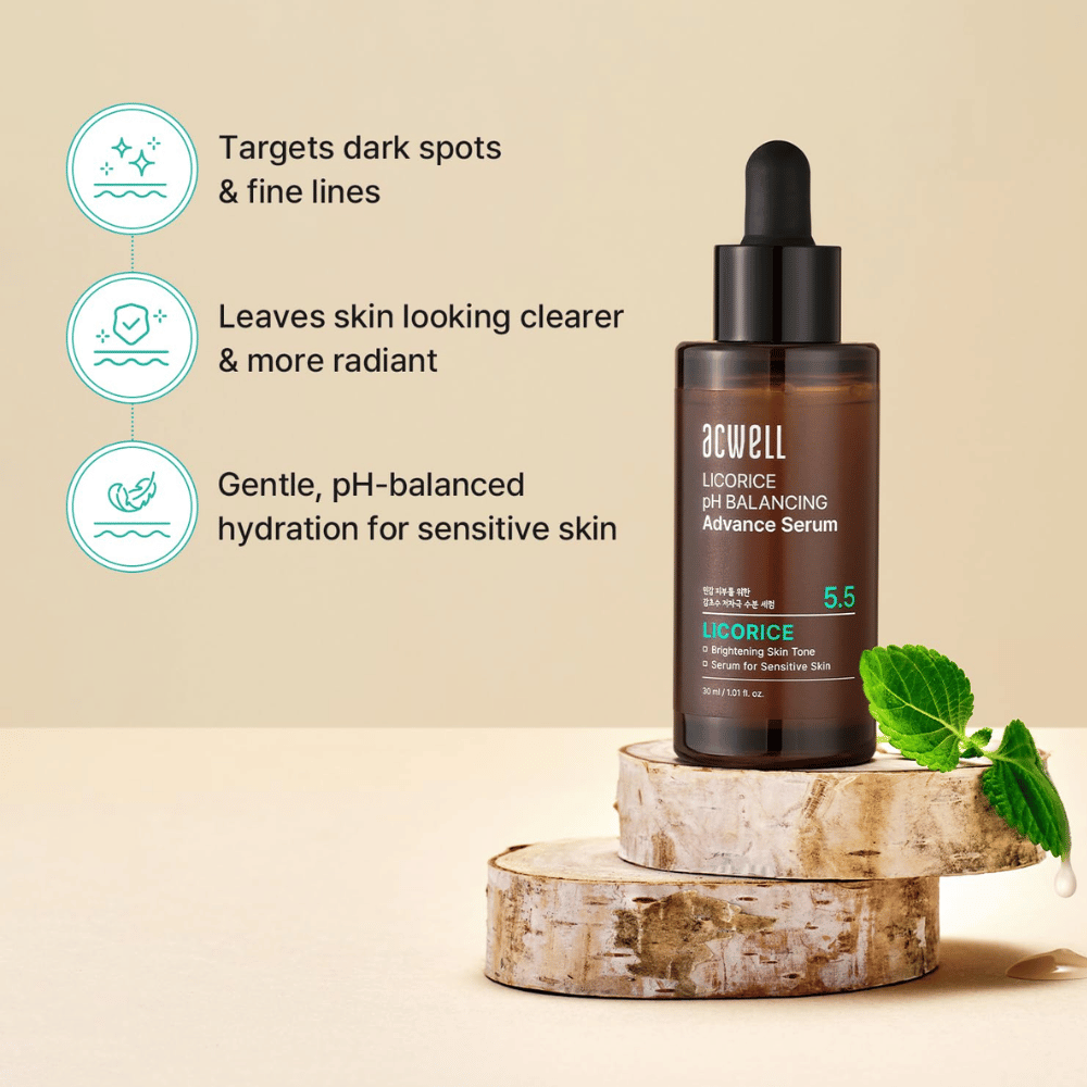 Produktbild, das die Vorteile des Serums bei dunklen Flecken, feinen Linien und empfindlicher Haut mit pH-ausgeglichener Feuchtigkeitsversorgung beschreibt.