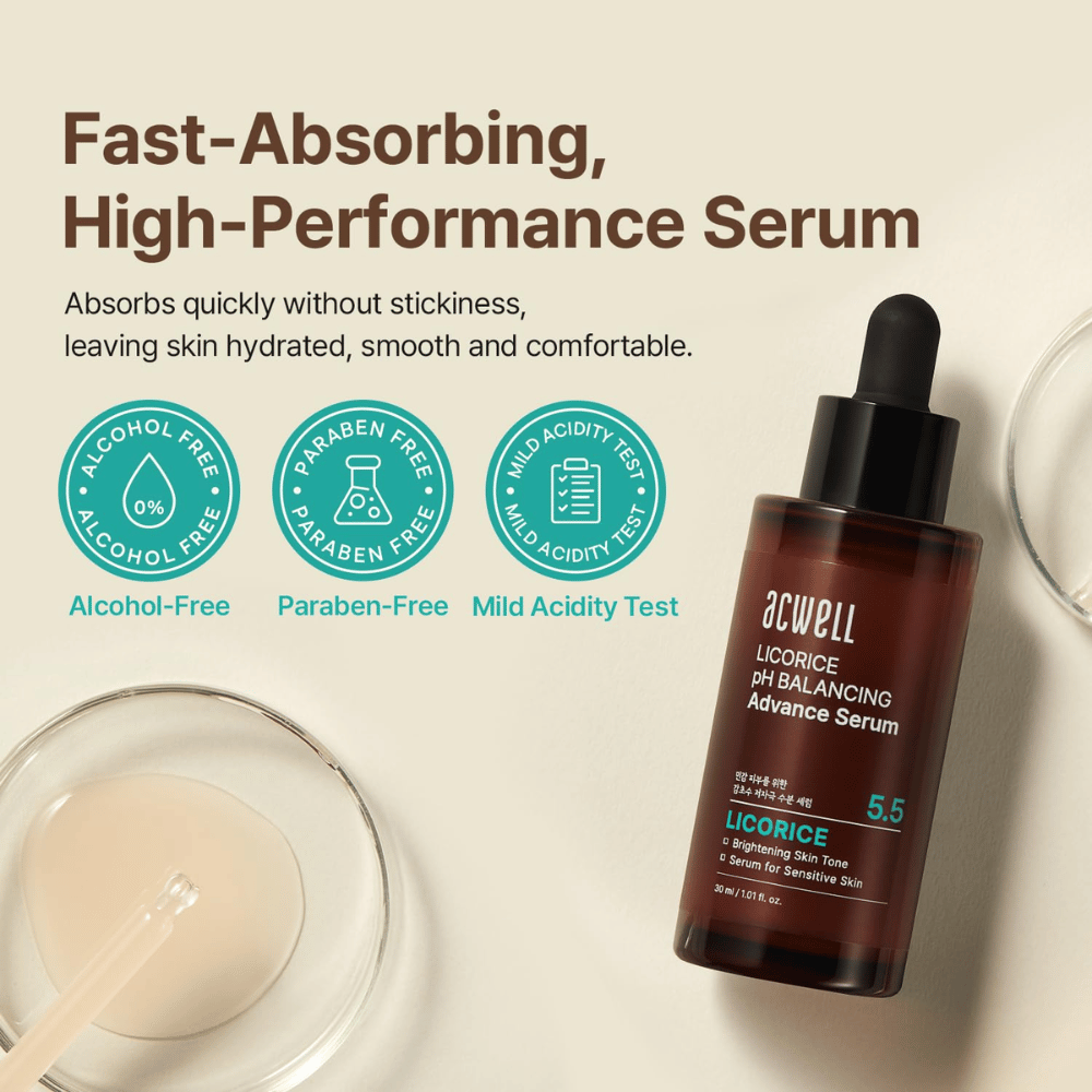 Informationsbild, das die schnell einziehende Formel des Serums hervorhebt sowie dass sie alkoholfrei, parabenfrei und pH-getestet für empfindliche Haut ist.