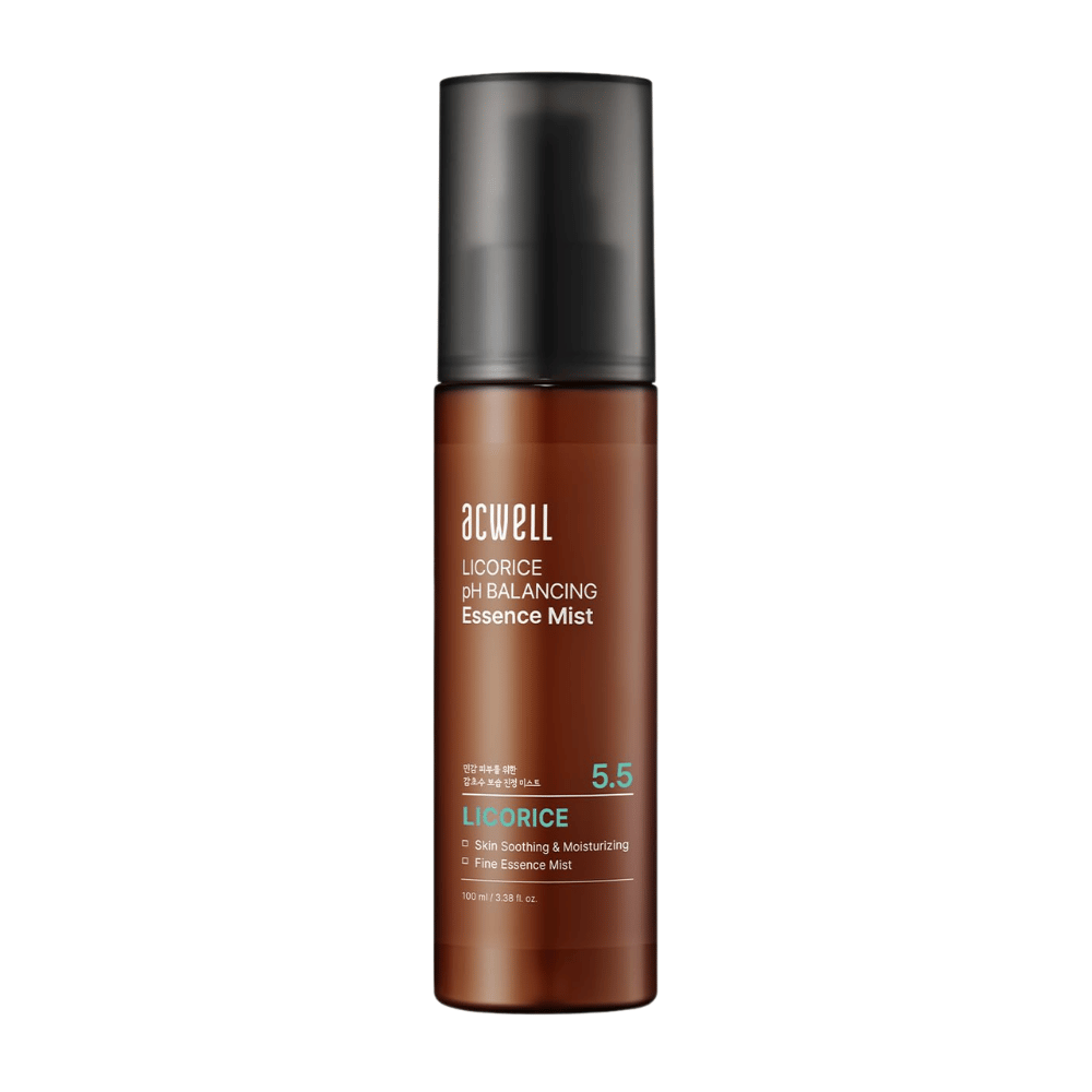 Produktbild von Acwell Licorice pH Balancing Essence Mist in brauner Sprühflasche. Feuchtigkeitsspendender Essence Mist mit Lakritzextrakt und hautausgleichendem pH-Wert von 5,5, der hilft, die Haut zu beruhigen und zu erfrischen.