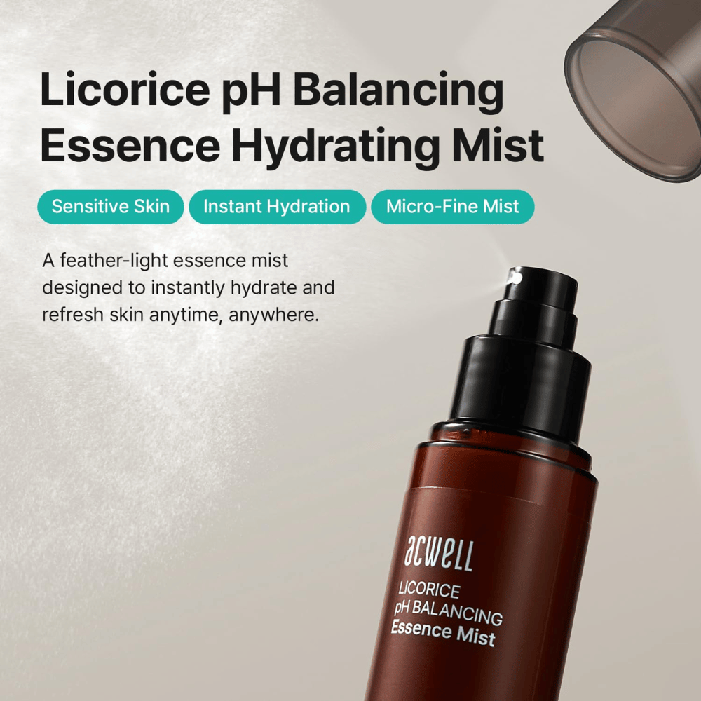 Acwell Licorice pH Balancing Essence Mist mit Fokus auf empfindliche Haut, intensive Feuchtigkeitsversorgung und mikrofeine Sprühtechnologie. Erfrischender Essence Mist, der die Haut jederzeit während des Tages mit Feuchtigkeit versorgt.