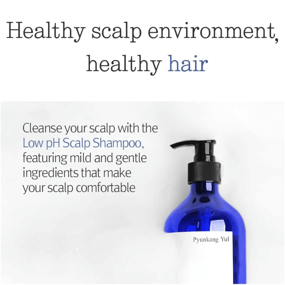 Informative Abbildung, die Pyunkang Yul Low pH Scalp Shampoo und seine milde Formel für eine ausgewogene und gesunde Kopfhautumgebung hervorhebt.