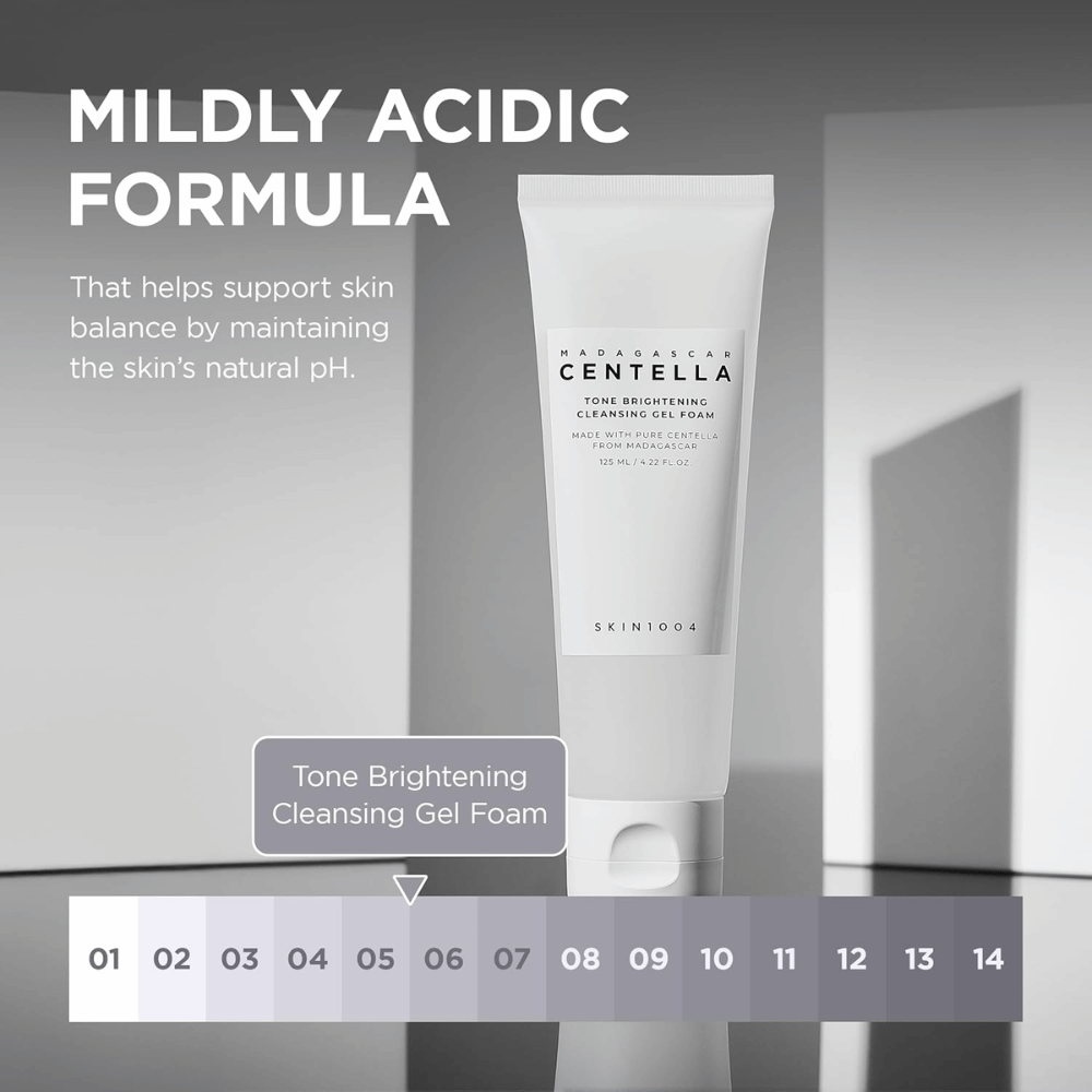Informationsbild, das die mild saure Formel (niedriger pH-Wert) des Produkts beschreibt. Das Bild betont, wie die Reinigung dazu beiträgt, das natürliche Gleichgewicht der Haut zu bewahren, während die Haut gleichzeitig effektiv gereinigt wird.