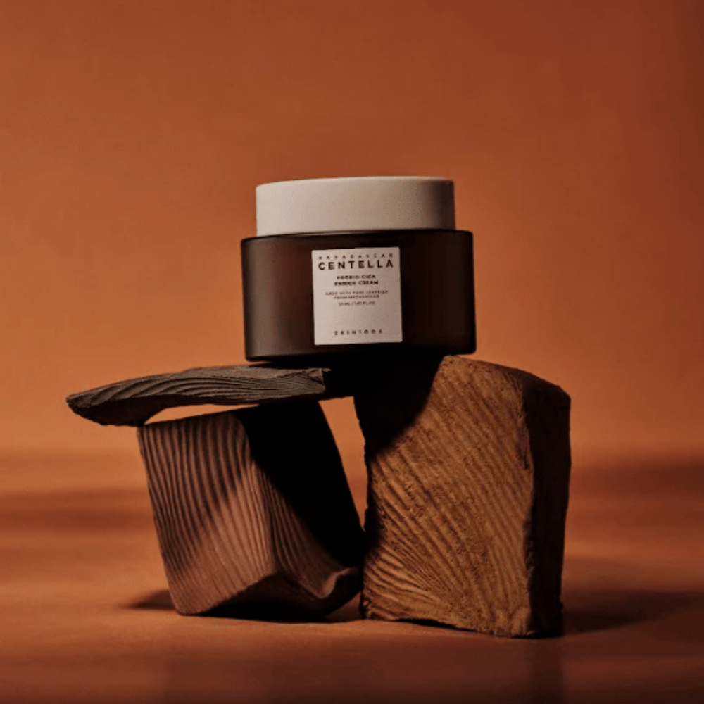 SKIN1004 Madagascar Centella Probio-Cica Enrich Cream in eleganter brauner Glasdose auf dekorativen Holzblöcken – nährende koreanische Gesichtscreme, die die Hautbarriere stärkt.