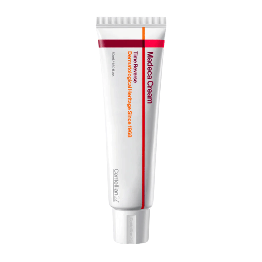 Produktbild von Centellian24 Madeca Cream Time Reverse in einer Tube auf weißem Hintergrund, eine reparierende Gesichtscreme mit Centella Asiatica, die die Hautbarriere stärkt und für empfindliche Haut geeignet ist.