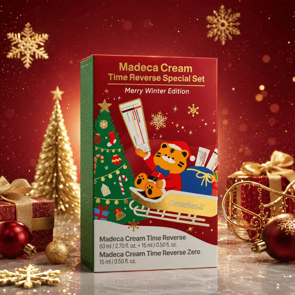 3. Centellian24 Madeca Cream Time Reverse Special Set Merry Winter Edition – Weihnachtsverpackung mit Weihnachtsbaum, Weihnachtsgeschenken und goldenen Details