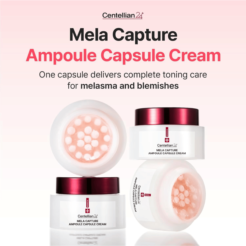 Produktbild von Centellian24 Madeca Mela Capture Ampoule Capsule Cream mit Fokus auf Ampullenkapseln und einer Formel, die für die Pflege von ungleichmäßigem Hautton und Pigmentierung entwickelt wurde.