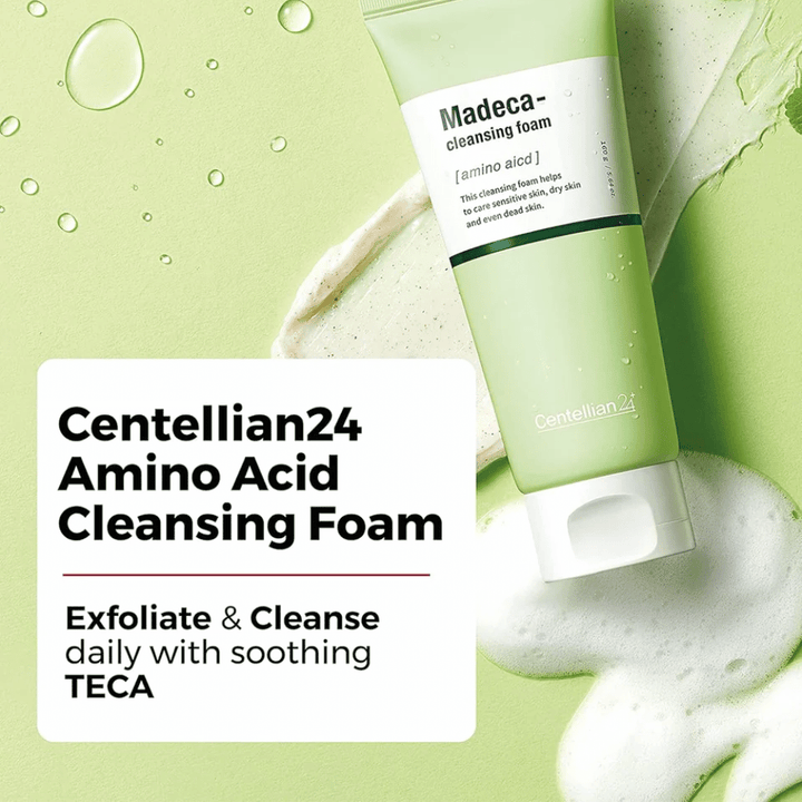 Centellian24 Madeca Amino Acid Cleansing Foam Produktbild – koreanischer Reinigungsschaum mit TECA und Aminosäuren, die sanft exfolieren, die Haut effektiv reinigen und helfen, Feuchtigkeit zu spenden.