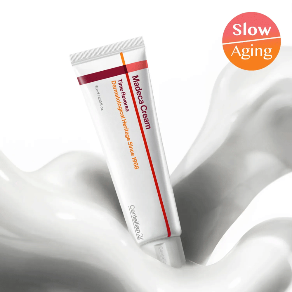 Centellian24 Madeca Cream Time Reverse in Creme-Textur mit Slow-Aging-Botschaft, entwickelt, um die Haut zu beruhigen, Irritationen zu reduzieren und den natürlichen Reparaturprozess der Haut zu unterstützen.