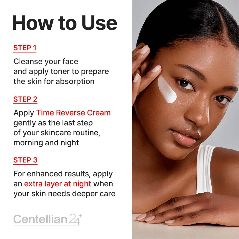 Anleitungsbild, das zeigt, wie Centellian24 Madeca Cream Time Reverse in der Hautpflegeroutine verwendet wird – wird als letzter Schritt morgens und abends aufgetragen, um die Haut zu beruhigen, zu stärken und zu regenerieren.