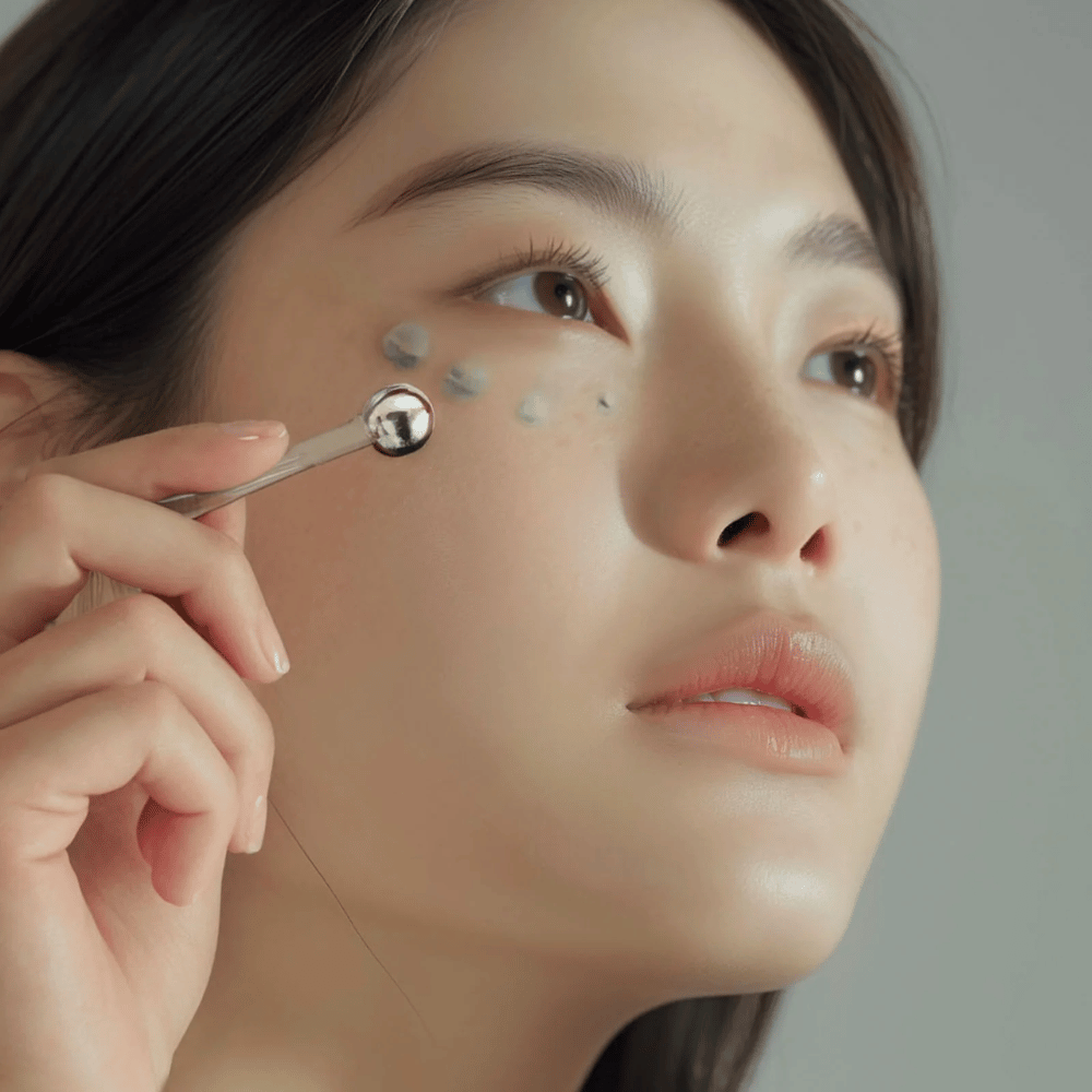 Frau trägt Heimish Marine Care Algae + Peptide Eye Cream unter dem Auge mit einem Metallapplikator für einen kühlenden und erfrischenden Effekt auf. Die Creme hilft, Feuchtigkeit zu spenden und Anzeichen der Hautalterung um die Augen zu reduzieren.