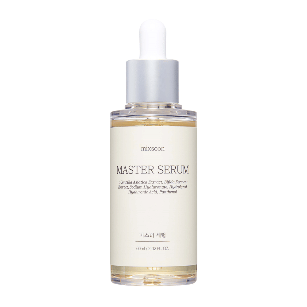 Mixsoon Master Serum in einer durchsichtigen Glasflasche mit silberfarbener Pipette, die beruhigende und feuchtigkeitsspendende Inhaltsstoffe wie Centella Asiatica und Hyaluronsäure für strahlende Haut enthält.
