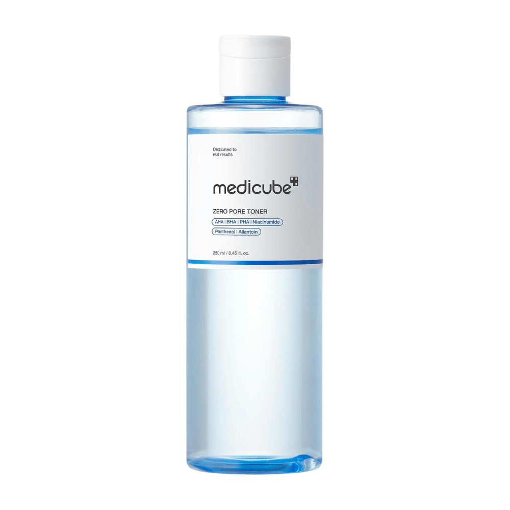 Medicube Zero Pore Toner 250 ml, exfolierendes Gesichtswasser mit AHA, BHA, PHA und Niacinamid in einer transparenten blauen Flasche vor weißem Hintergrund.