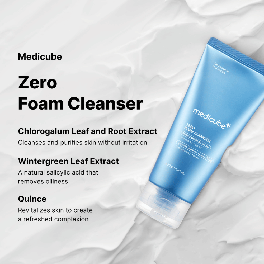 Medicube Zero Foam Cleanser – eine sanfte und tiefenreinigende Gesichtswaschung.

🌿 Chlorogalum-Extrakt – Reinigt und klärt die Haut ohne Reizung.
🍃 Wintergreen-Extrakt – Natürliche Salicylsäure, die die Ölproduktion ausgleicht.
🍏 Quittenextrakt – Belebt die Haut und verleiht einen frischen Glanz.

Perfekt für eine reine, ausgeglichene und erfrischte Haut!