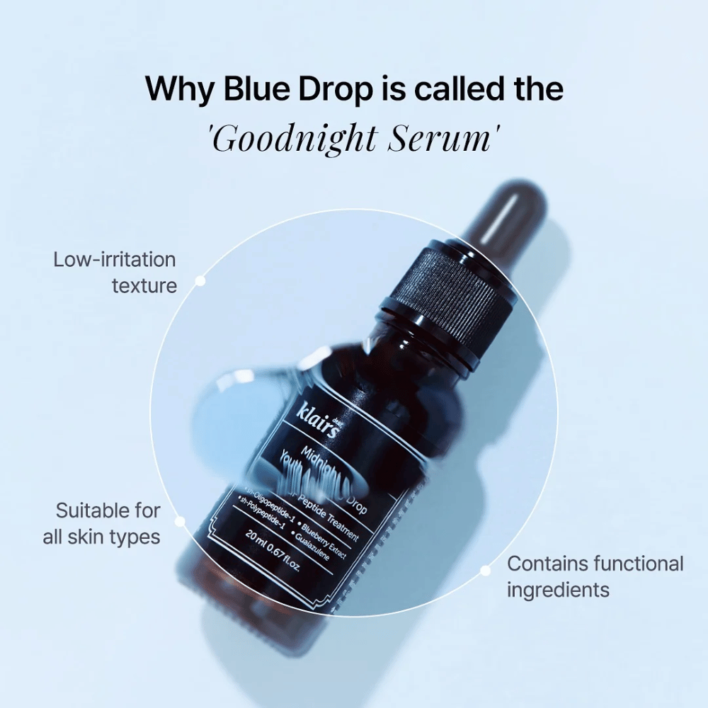 Klairs Midnight Blue Youth Activating Drop, auch 'Goodnight Serum' genannt, in einer eleganten schwarzen Flasche mit Pipette. Der Text auf dem Bild betont seine reizarme Textur, funktionelle Inhaltsstoffe und Eignung für alle Hauttypen.